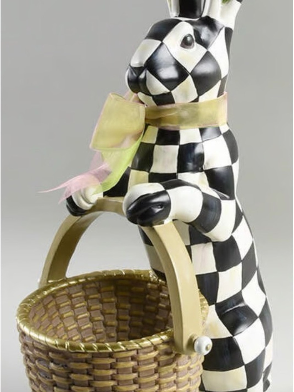 MacKenzie-Childs Black and White Checkered Bunny with Gold Basket and Pastel Bow